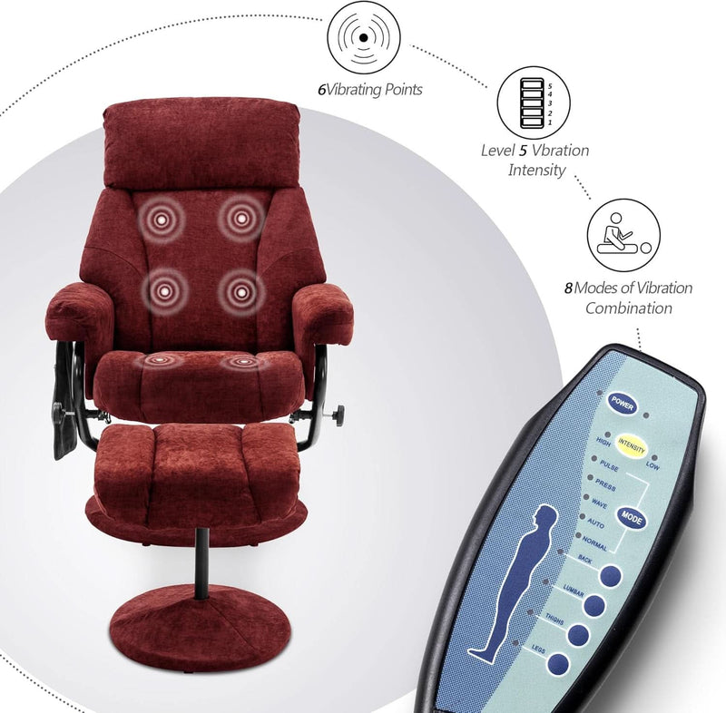 Burgundy Swivel Recliner With Ottoman Massage For RV