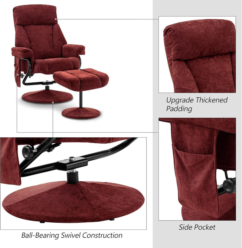 Burgundy Swivel Recliner With Ottoman Massage For RV