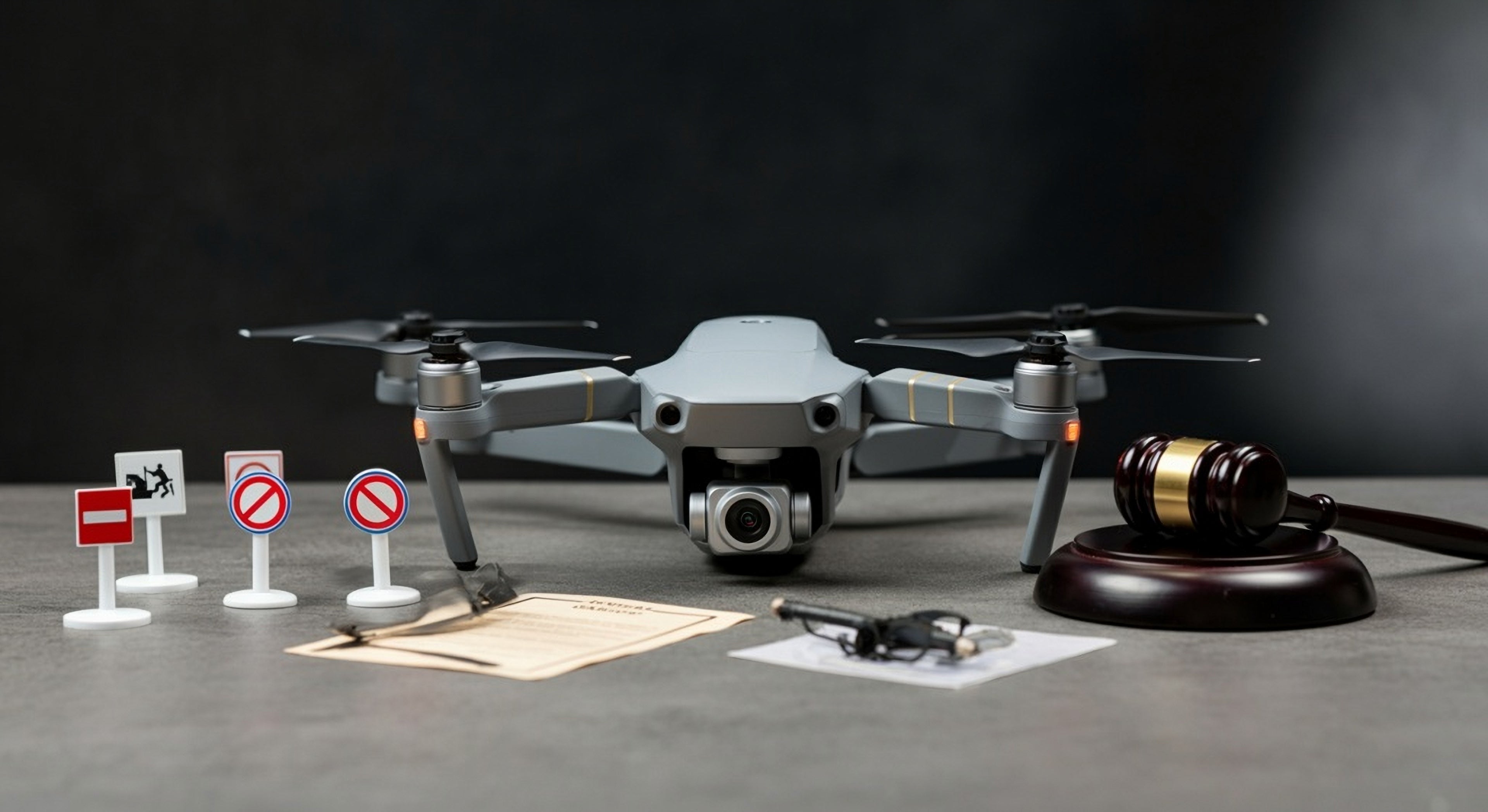 Drone with legal documents, gavel, and traffic signs on a dark background