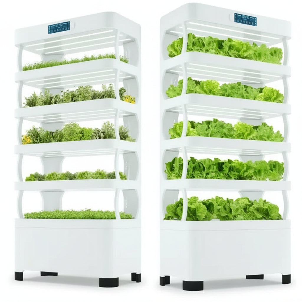Two vertical hydroponic gardening systems with plants on a white background