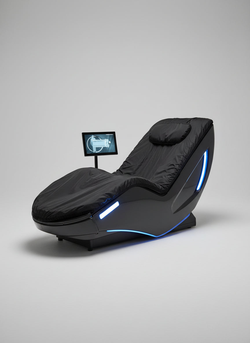 Black massage chair with blue LED lights on a gray background