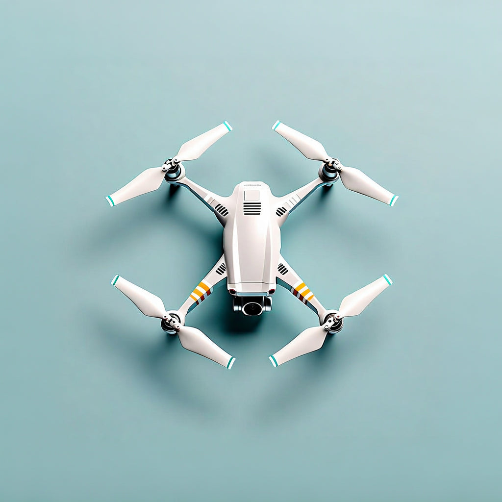 White drone with propellers on a light blue background