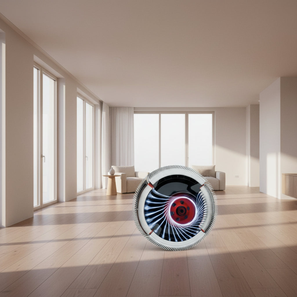 Close-up of a high-tech fan with swirling airflow design.  While functioning the system is highly effective and ultra-quiet. 